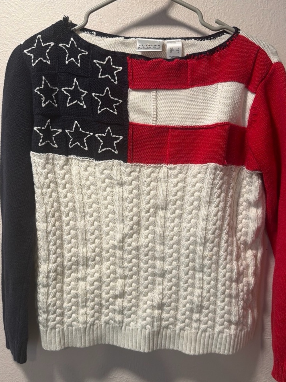 villager Red, White & Navy Flag Cable-Knit Crewneck Sweater